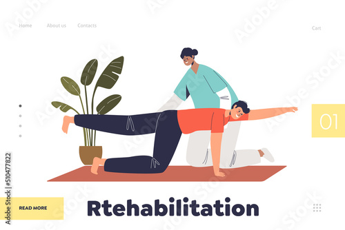 Rehabilitation concept of landing page with female nurse helping patient with physical recovery