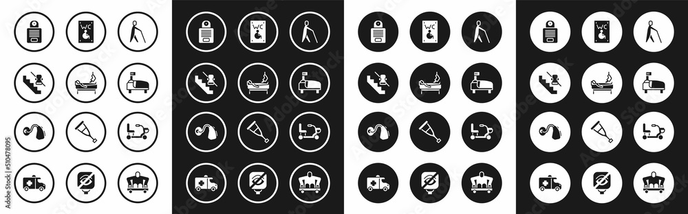 Set Blind human holding stick, Patient with broken leg, Disabled elevator, Intercom, Hospital bed, Separated toilet for disabled, Electric wheelchair and Hearing aid icon. Vector