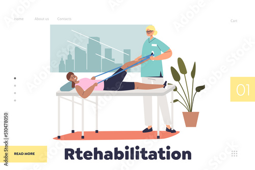 Rehabilitation concept of landing page with patient at physical rehab with physiotherapist