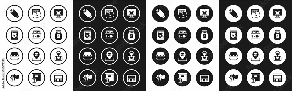 Set Shopping cart on computer, Warehouse interior with boxes, Canned food, Salami sausage, Coffee jar bottle, New price tag dollar, Seller and Chicken egg icon. Vector Set Shopping cart on computer, Warehouse interior with boxes, Canned food, Salami sausage, Coffee jar bottle, New price tag dollar, Seller and Chicken egg icon. Vector