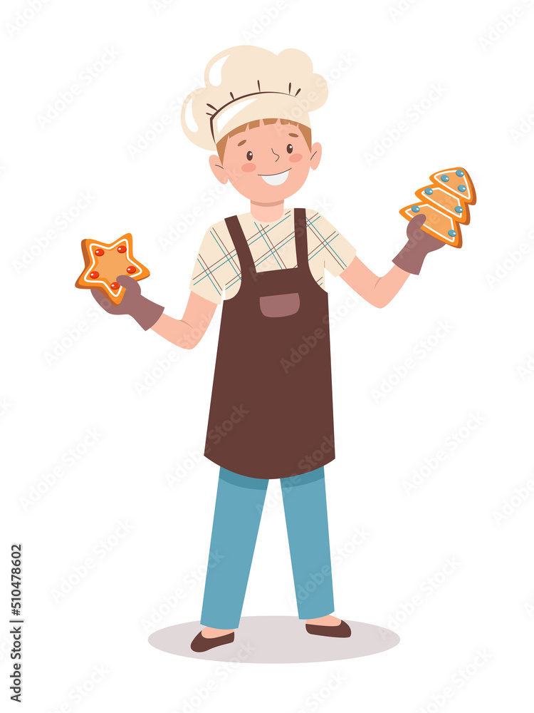 Little cook. The child is holding gingerbread. Cartoon boy in a chef's hat and apron bakes Christmas cookies. Vector illustration in flat style isolated on white background. Little cook. The child is holding gingerbread. Cartoon boy in a chef's hat and apron bakes Christmas cookies. Vector illustration in flat style isolated on white background.