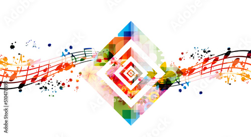  Colorful musical promotional poster with musical notes staff isolated vector illustration. Artistic playful background for live concert events, music festivals and shows, choir singing, party flyer	