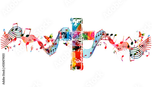 Tableau sur toile Christian cross with musical notes stave isolated vector illustration