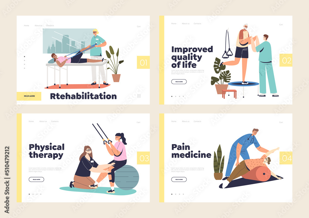 Rehabilitation and physical therapy concept of landing pages set with people at rehab after illness Rehabilitation and physical therapy concept of landing pages set with people at rehab after illness