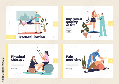 Rehabilitation and physical therapy concept of landing pages set with people at rehab after illness