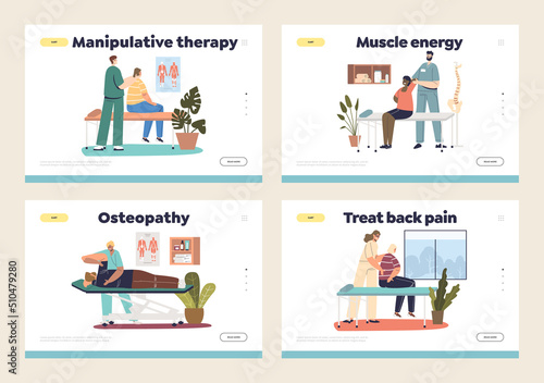 Osteopath manual therapist doctor massaging patients concept of template landing pages set