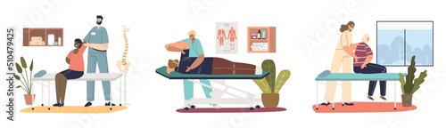 Set of osteopath manual therapist doctor massaging patients, treatment procedures for back health