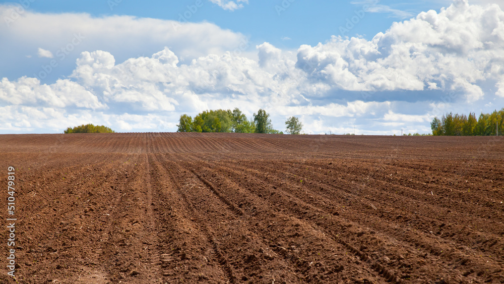 Plowed field and blue sky. agriculture plowed field and blue sky with clouds. Plowed field and blue sky. agriculture plowed field and blue sky with clouds.