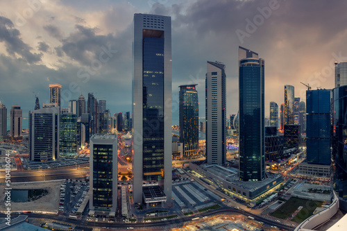 beautiful sunset view of west bay doha skyline. financial hub of Qatar