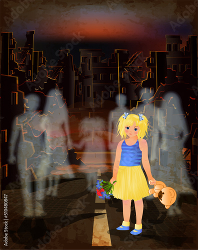 Stop War. Young girl with flowers and a teddy bear on street dead people. vector illustration