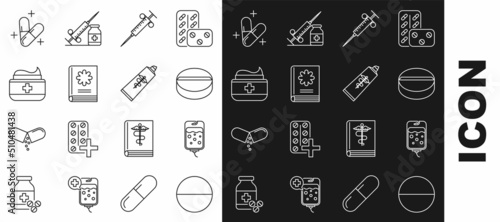 Set line Medicine pill or tablet, IV bag, Syringe, Medical book, Ointment cream tube medicine, and icon. Vector