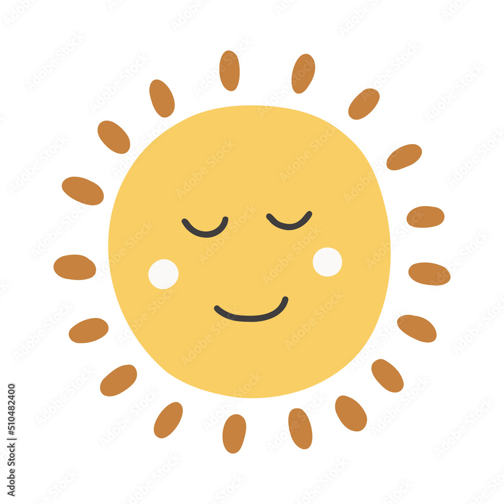 Cute satisfied sun face with smile in hand-drawn boho style Cute satisfied sun face with smile in hand-drawn boho style