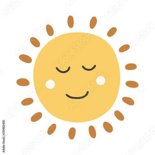 Cute satisfied sun face with smile in hand-drawn boho style