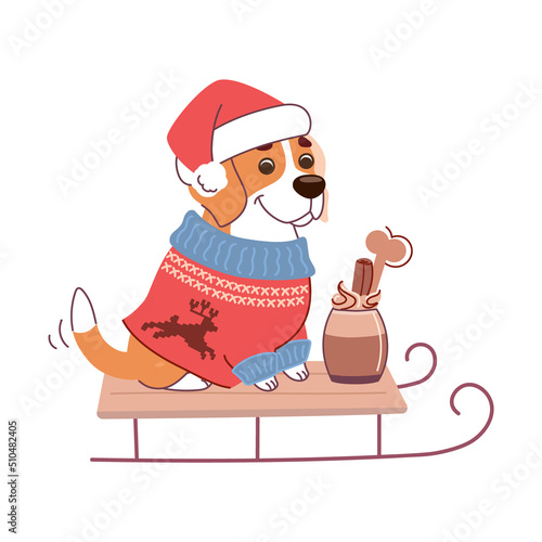 A dog in a Christmas sweater and a santa hat sits on a sleigh. Funny vector illustration of beagle with winter dog drink. Art in a flat style on a white background. Cute winter print for puppy lovers.