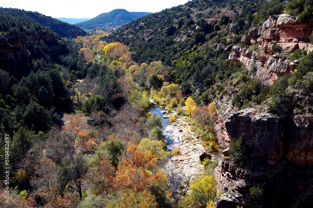 High view of Oak Creek Canyon SEDONA AZ, Fall Colors with creek High view of Oak Creek Canyon SEDONA AZ, Fall Colors with creek