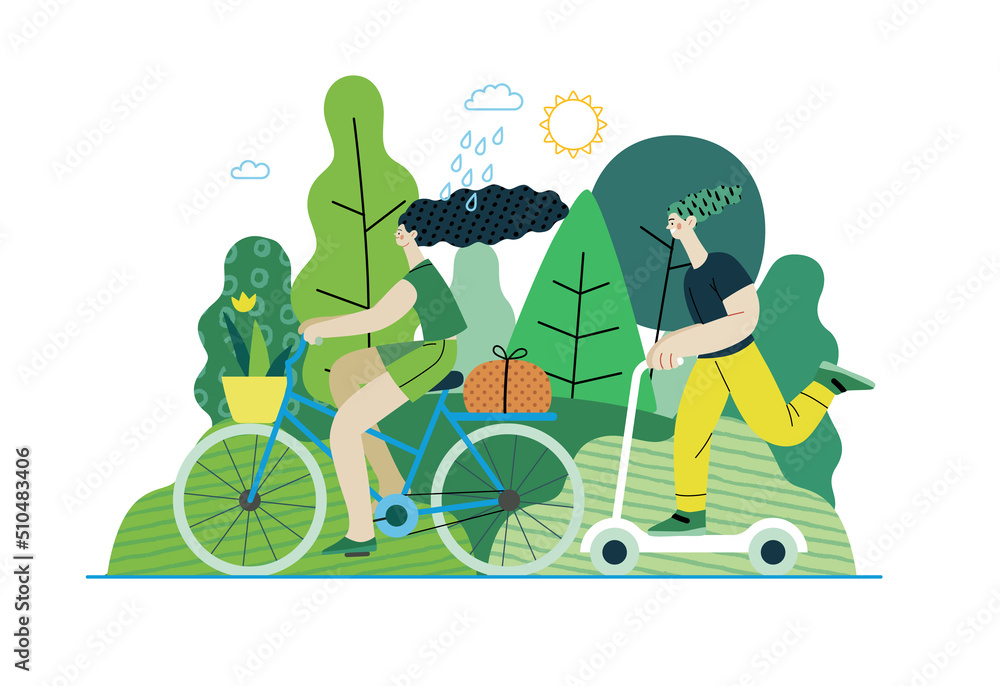 Ecology - Sustainable transport -Modern flat vector concept illustration of a young woman ridyng bycycle and a man on the scooter. Ecological transport metaphor. Creative landing web page illustartion - obrazy, fototapety, plakaty 