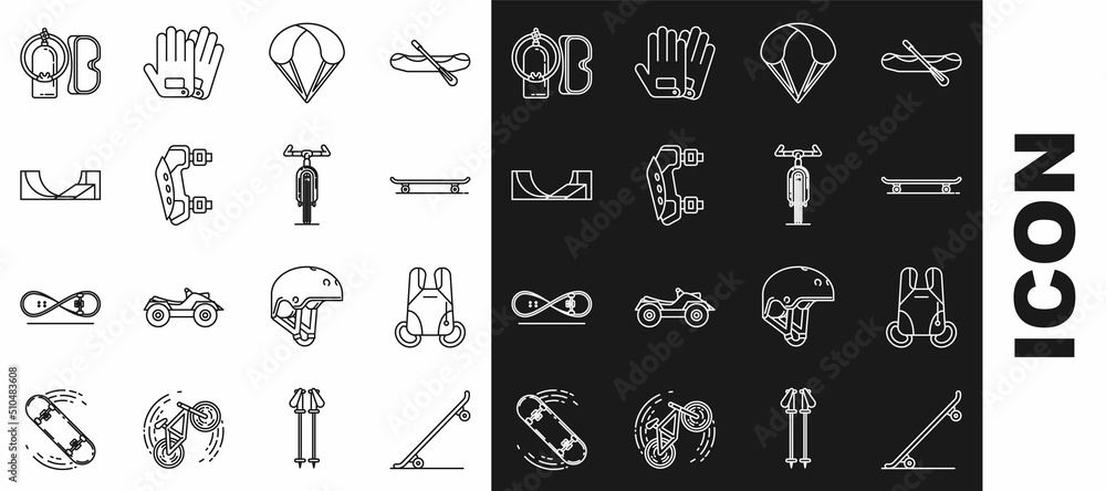 Set line Skateboard, Parachute, Knee pads, park, Diving mask and aqualung and Bicycle icon. Vector