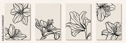 Set of creative minimalist hand draw illustrations floral outline lily pastel biege simple shape for wall decoration, postcard or brochure cover design