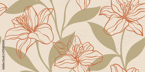 Fotografiet Seamless pattern of creative minimalist hand draw illustrations floral outline l