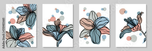 Set of creative minimalist hand draw illustrations floral outline lily pastel simple shape for wall decoration, postcard or brochure cover design
