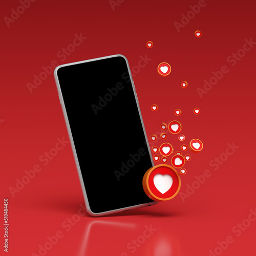 Smartphone avec des coeurs pour symboliser des j'aimes sur une publication d'un réseau social photo