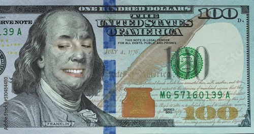 Benjamin Franklin expressing different emotions to camera on a hundred dollar bill. Animation of close-up of US one hundred dollar bill. photo