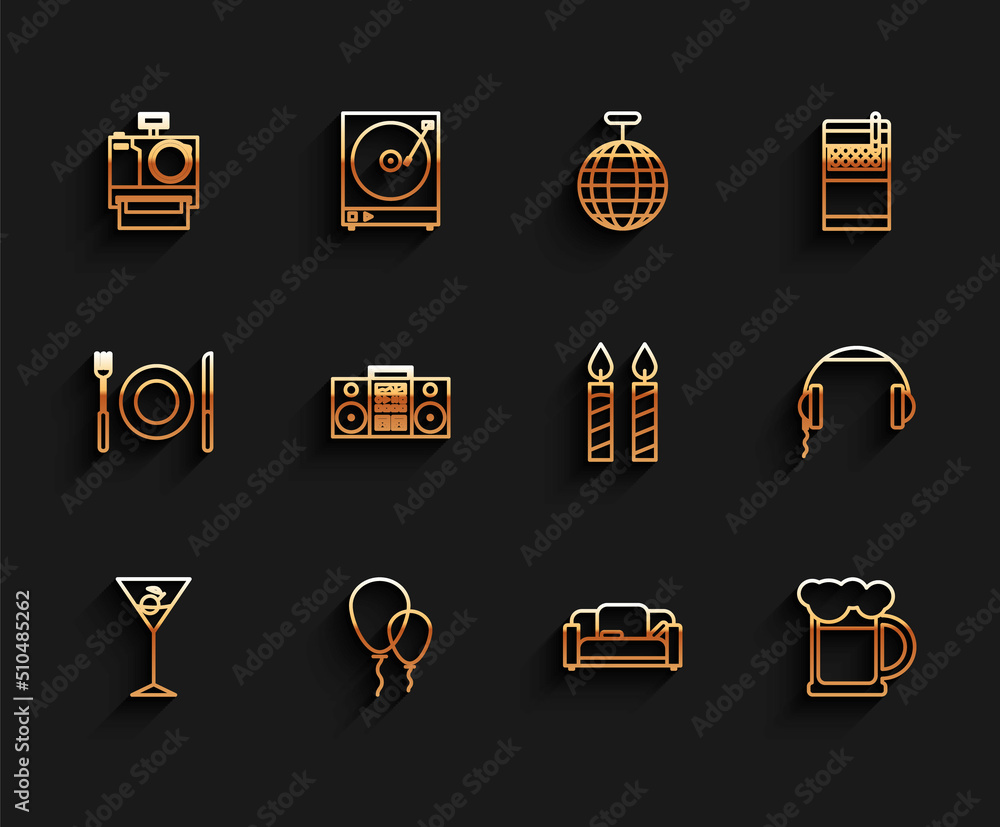 Set line Martini glass, Balloons with ribbon, Photo camera, Sofa, Wooden beer mug, Home stereo two speakers, Headphones and Birthday cake candles icon. Vector Set line Martini glass, Balloons with ribbon, Photo camera, Sofa, Wooden beer mug, Home stereo two speakers, Headphones and Birthday cake candles icon. Vector