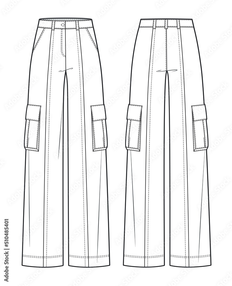 Cargo pocket trousers fashion flat technical drawing template. Girl's ...