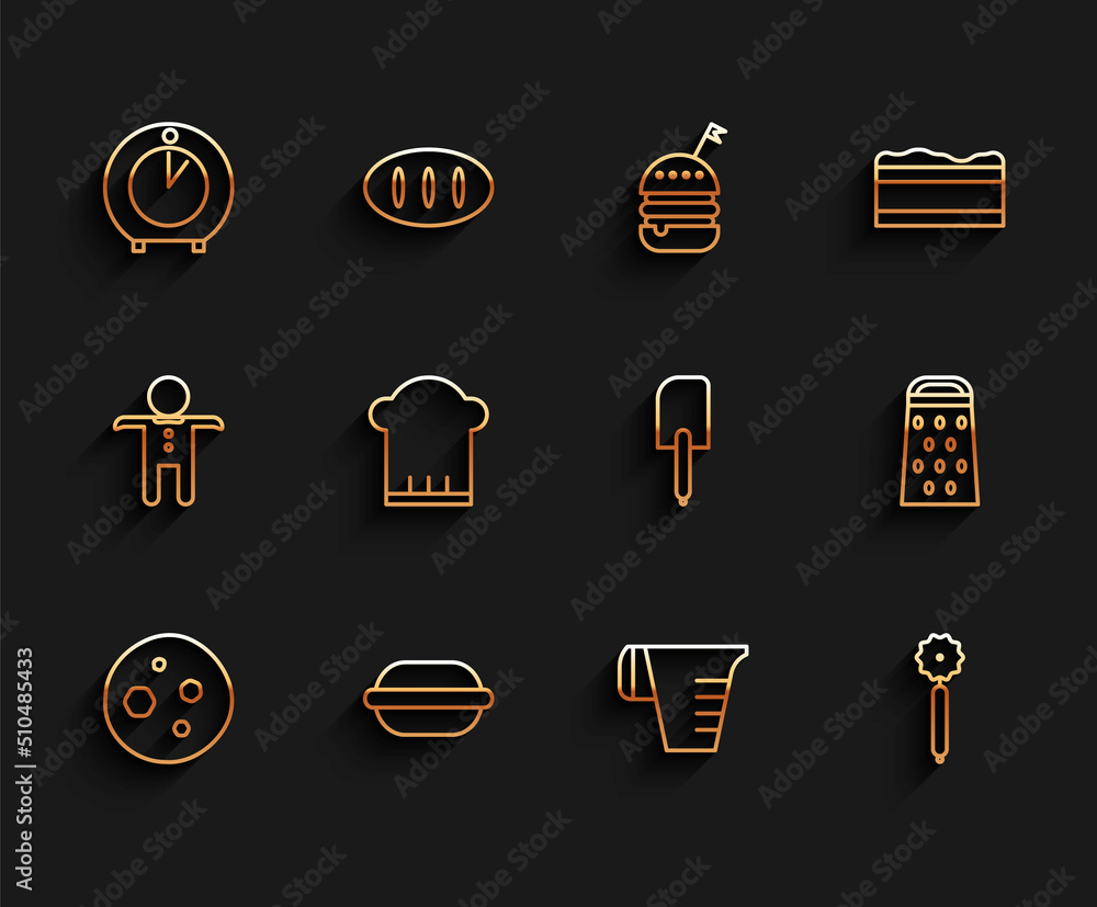 Set line Cookie or biscuit with chocolate, Macaron cookie, Kitchen timer, Measuring cup, Pizza knife, Chef hat, Grater and Spatula icon. Vector Set line Cookie or biscuit with chocolate, Macaron cookie, Kitchen timer, Measuring cup, Pizza knife, Chef hat, Grater and Spatula icon. Vector