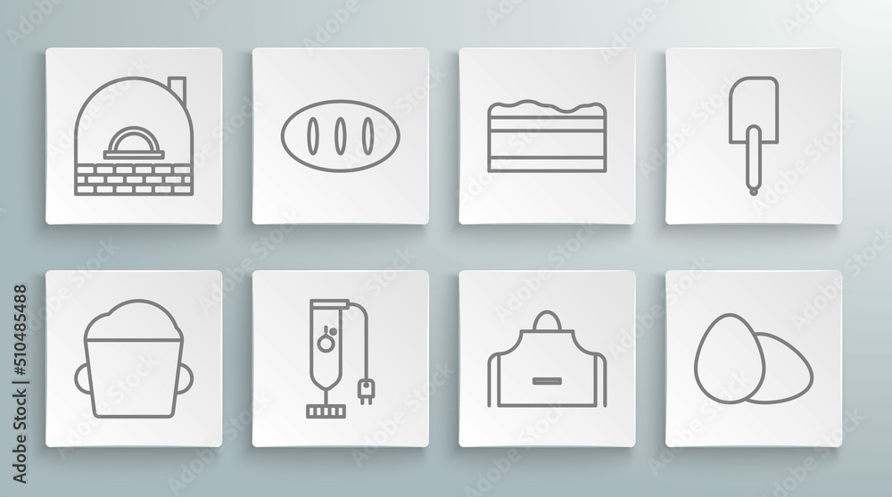 Set line Bakery bowl dough, Bread loaf, Blender, Kitchen apron, Chicken egg, Brownie chocolate cake, Spatula and Brick stove icon. Vector Set line Bakery bowl dough, Bread loaf, Blender, Kitchen apron, Chicken egg, Brownie chocolate cake, Spatula and Brick stove icon. Vector