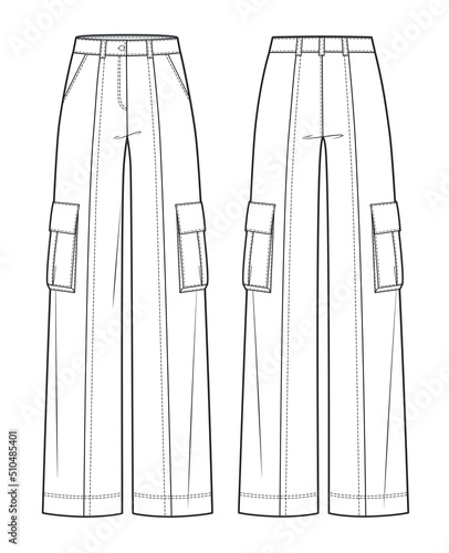 Cargo pocket trousers fashion flat technical drawing template. Girl's Cargo pocket trousers fashion cad mockup.