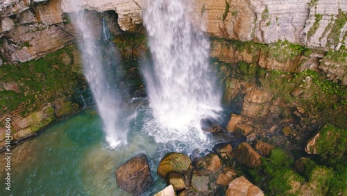Panorama of big and small waterfalls next to each other  scenic drone shot  Georgia. High quality photo