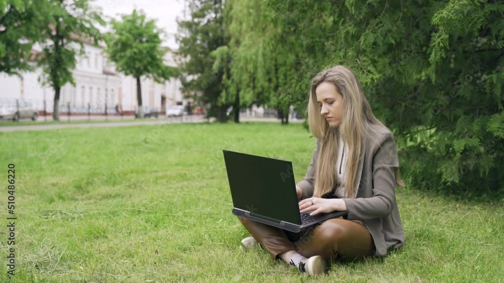 A young woman is sitting on the grass and typing on a laptop. Business and education concept. A young woman is sitting on the grass and typing on a laptop. Business and education concept.