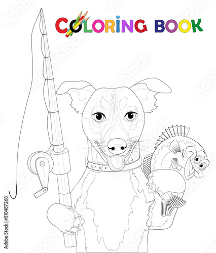 Malvorlage Hund mit Angel und Fisch, 
Vektor Illustration isoliert auf weiß
