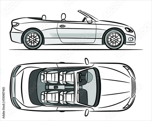 Modern sport car cabriolet, abstract silhouette on white background. Hand drawn modern super car silhouette. Vehicle icons view from side and top. Vector illustration