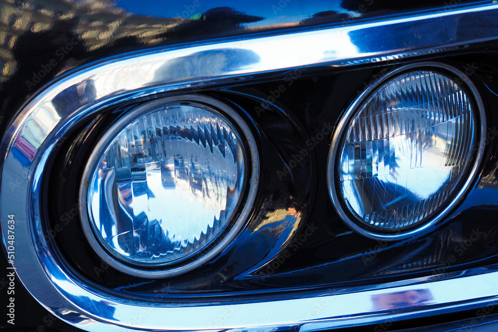 Car headlights, black chromium plated vintage retro car