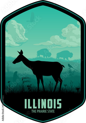 Illinois vector label with white-tailed deer, bisons, scissor-tailed Flycatcher, Prairie dog and eagle in grassland prarie