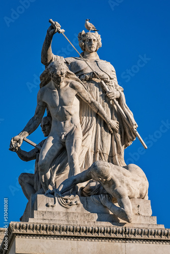 "Right" or "Il Diritto" statue representing one of the six "Italian Values" by Ettore Jimenez. Located in front of the National Monument to Victor Emanuele II on Piazza Venezia in Rome, Italy.