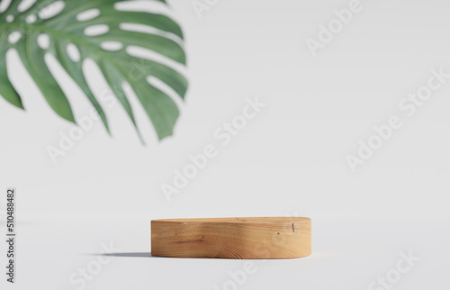 Fototapeta Naklejka Na Ścianę i Meble -  3D podium wood display white background with green monstera palm leaf, monstera plant. Pedestal stand, beauty, cosmetic product promotion. Exotic nature, jungle abstract 3D render 