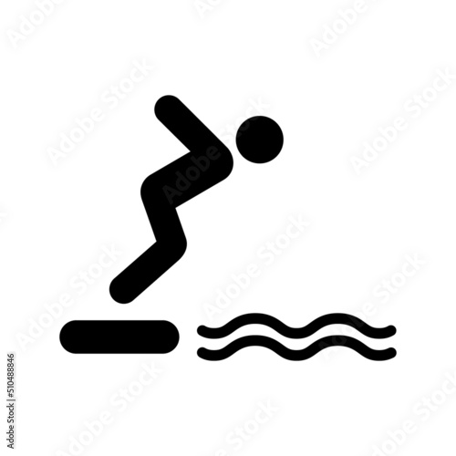 Man Dive Swim in Sea Water from High Board Black Silhouette Icon. Boy Sport Training Athletic Swimmer Jump in Pool from Board Glyph Pictogram. Person Dive Flat Symbol. Isolated Vector Illustration