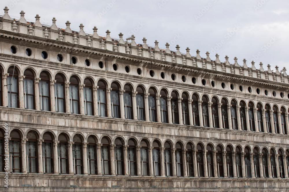 Renaissance facade of Procuratie Vecchie, building on st Marks square, known as piazza in Venice. Italian landmark.