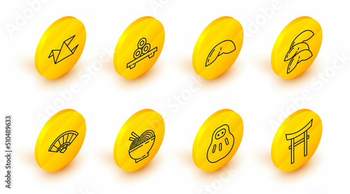Set line Japan Gate, Maneki neko cat, Asian noodles in bowl and chopsticks, Paper chinese or japanese folding fan, Chinese fortune cookie, Sushi on cutting board and Origami bird icon. Vector