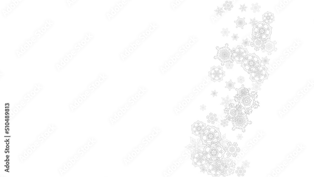 Snowflakes falling on white background. Horizontal Christmas and Happy New Year theme. Silver falling snowflakes for banner, gift card, party invitation, partner compliment and special business offers