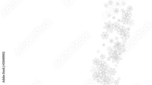 Snowflakes falling on white background. Horizontal Christmas and Happy New Year theme. Silver falling snowflakes for banner, gift card, party invitation, partner compliment and special business offers