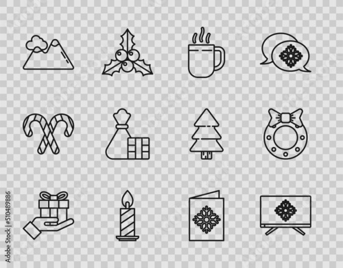 Set line Gift box in hand, Merry Christmas on television, Coffee cup, Burning candle candlestick, Mountains, bag, postcard and wreath icon. Vector