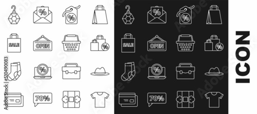 Set line T-shirt, Man hat with ribbon, Shoping bag discount, Discount percent tag, Hanging sign Open, Sale, Earring and Shopping basket icon. Vector