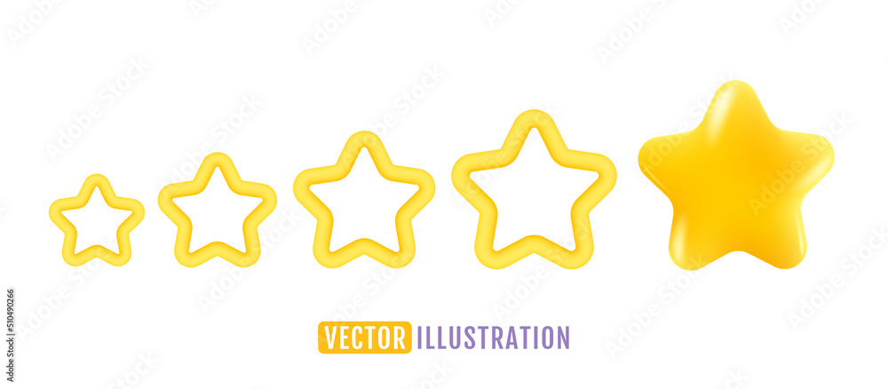 Vector icons of five yellow stars glossy colors. Achievements for games or customer rating feedback of website. Vector illustration of stars in realistic 3d style.