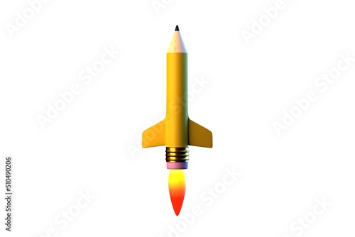Yellow rocket pencil ready to take off on white background, conceptualization of creativity, innovation and fast learning