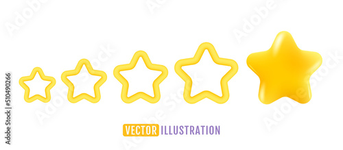 Vector icons of five yellow stars glossy colors. Achievements for games or customer rating feedback of website. Vector illustration of stars in realistic 3d style.