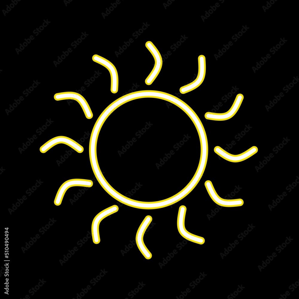 Yellow neon sun icon isolated on black background. Logo design concept for sun, energy, heat, light and shine. Vector illustration of modern thin line icon. Yellow neon sun icon isolated on black background. Logo design concept for sun, energy, heat, light and shine. Vector illustration of modern thin line icon.